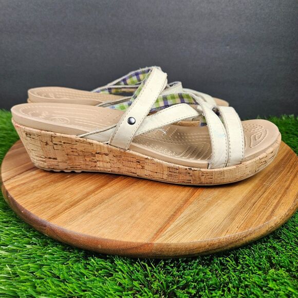 Crocs A Leigh Sandals Womens 10 Strappy Beige Slip On Casual Wedge Heels 11847 - Picture 1 of 13